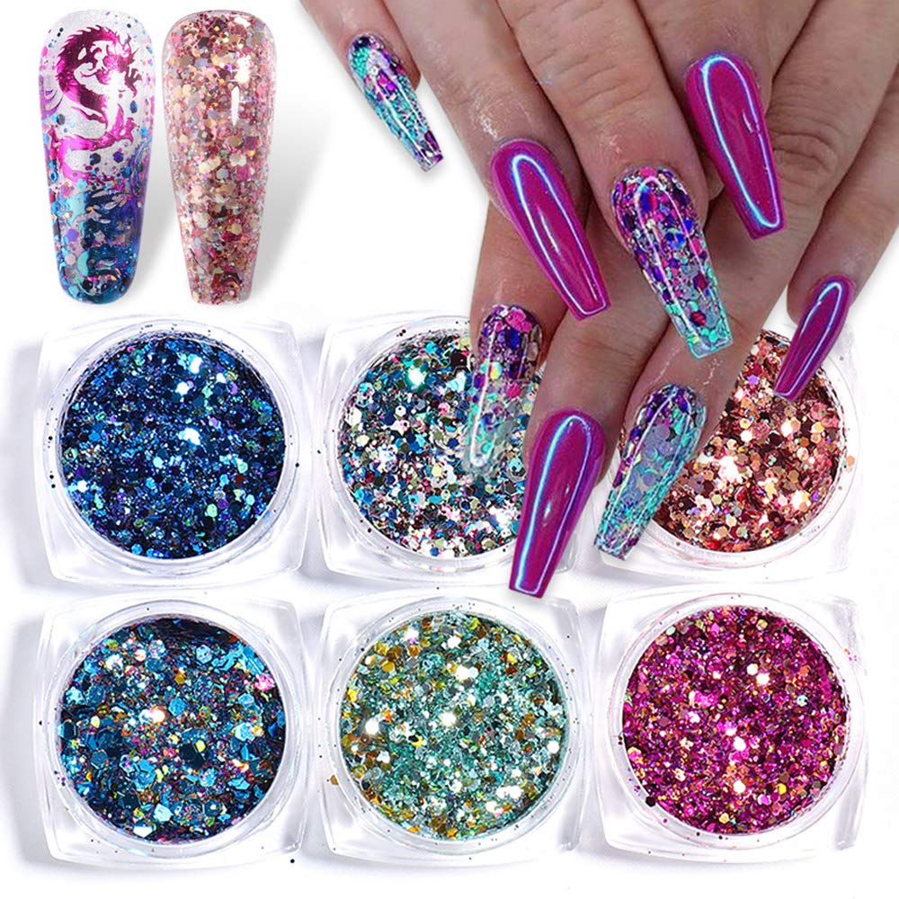 Xelparuc Holographic Glitter Fine Glitter 6boxes 3D Colorful Shining Nail Sequins Ultra Fine Powder Nail Art Supplies Powder Dust for DIY Crafts, Size: Small